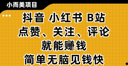 小而美的项目，抖音小红书B站视频点赞、关注、评论就能挣钱，简单无脑立见收益，妥妥的零撸项目【揭秘】网赚项目-美肚杀分享