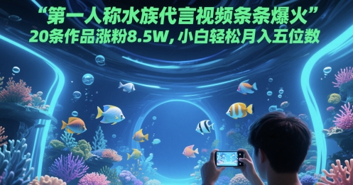 第一人称水族代言视频条条爆火，20条作品涨粉8.5W，小白轻松月入五位数网赚项目-美肚杀分享