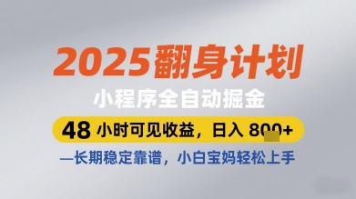 2025翻身计划小程序全自动掘金，48小时可见收益，日入多张+，长期稳定靠谱，小白宝妈轻松上手【揭秘】网赚项目-美肚杀分享