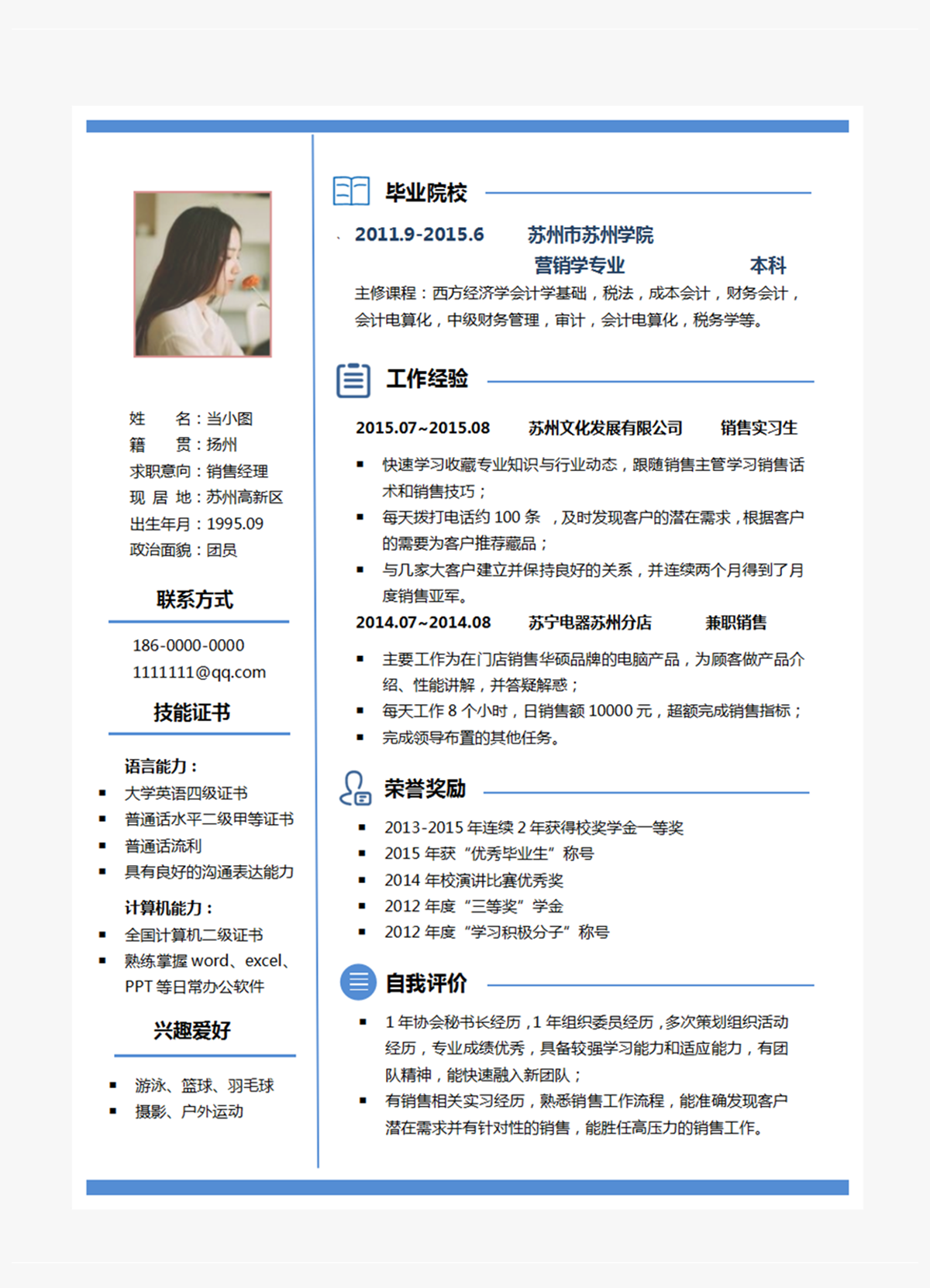 销售经理个人简历模板-美肚杀分享