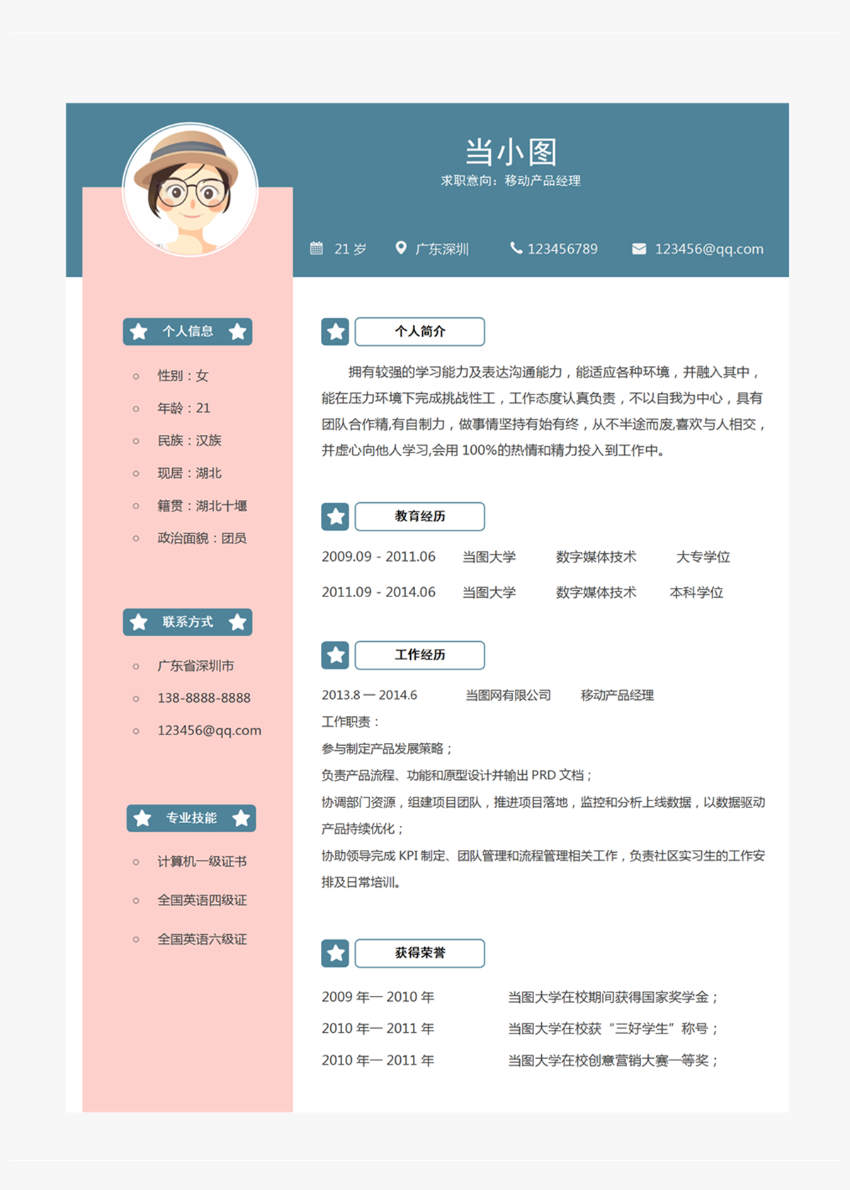 移动产品经理个人简历模板-美肚杀分享