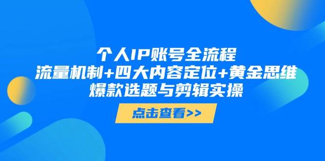 个人IP账号全流程：流量机制+四大内容定位+黄金思维, 爆款选题与剪辑实操网赚项目-美肚杀分享