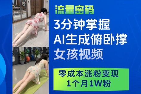 3分钟掌握AI生成俯卧撑女孩视频，零成本涨粉变现，1个月1W粉网赚项目-美肚杀分享