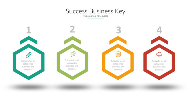 六边形四项并列PPT图形-美肚杀分享