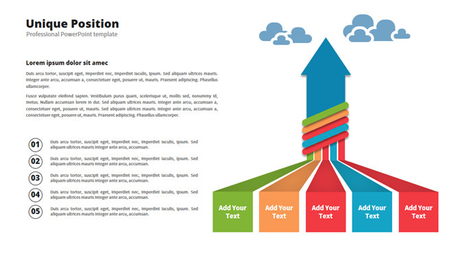 上升箭头五项并列PPT图形-美肚杀分享