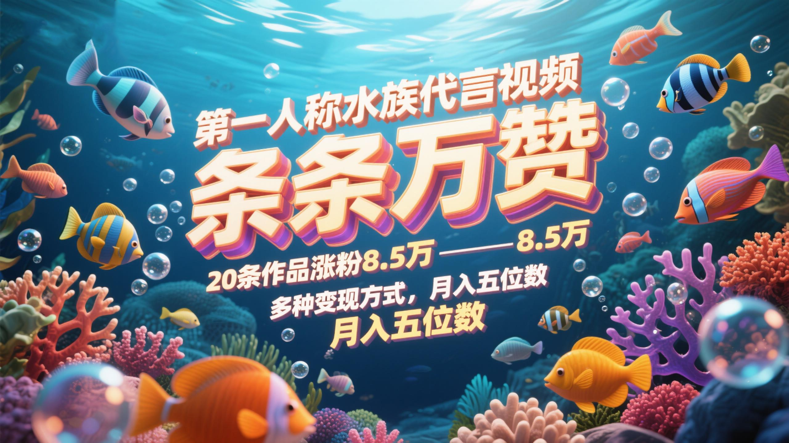 第一人称水族代言视频,条条万赞,20条作品涨粉8.5万,多种变现方式月,入五位数网赚项目-美肚杀分享