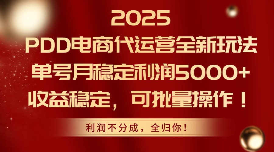 2025PDD电商代运营全新玩法,单号月稳定利润5000+,收益稳定,可批量操作网赚项目-美肚杀分享