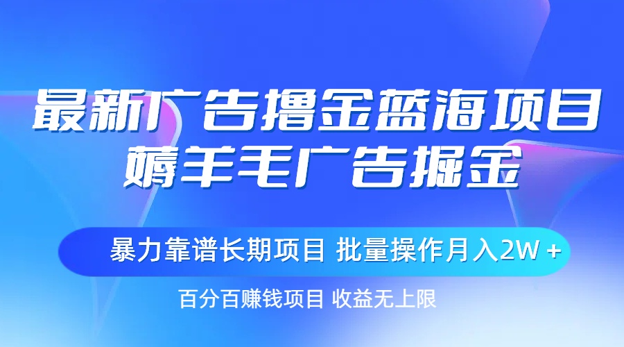 最新广告撸金蓝海项目，薅羊毛广告掘金 长期项目 批量操作月入2W＋网赚项目-美肚杀分享