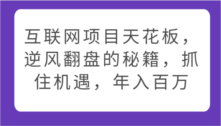 互联网项目天花板，逆风翻盘的秘籍，抓住机遇，年入百万网赚项目-美肚杀分享
