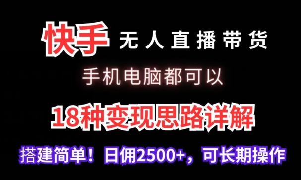 快手无人直播带货，手机电脑都可以，18种变现思路详解，搭建简单日佣2500+网赚项目-美肚杀分享