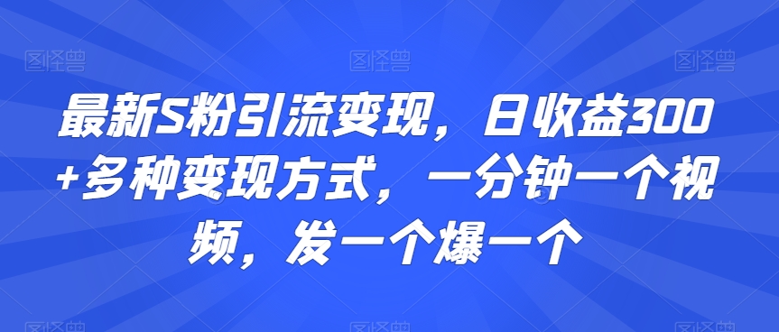 最新S粉引流变现，日收益300+多种变现方式，一分钟一个视频，发一个爆一个网赚项目-美肚杀分享