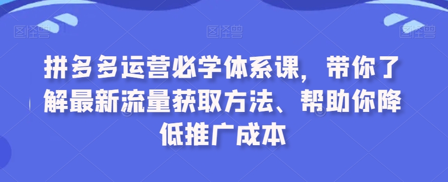 拼多多运营必学体系课，带你了解最新流量获取方法、帮助你降低推广成本网赚项目-美肚杀分享