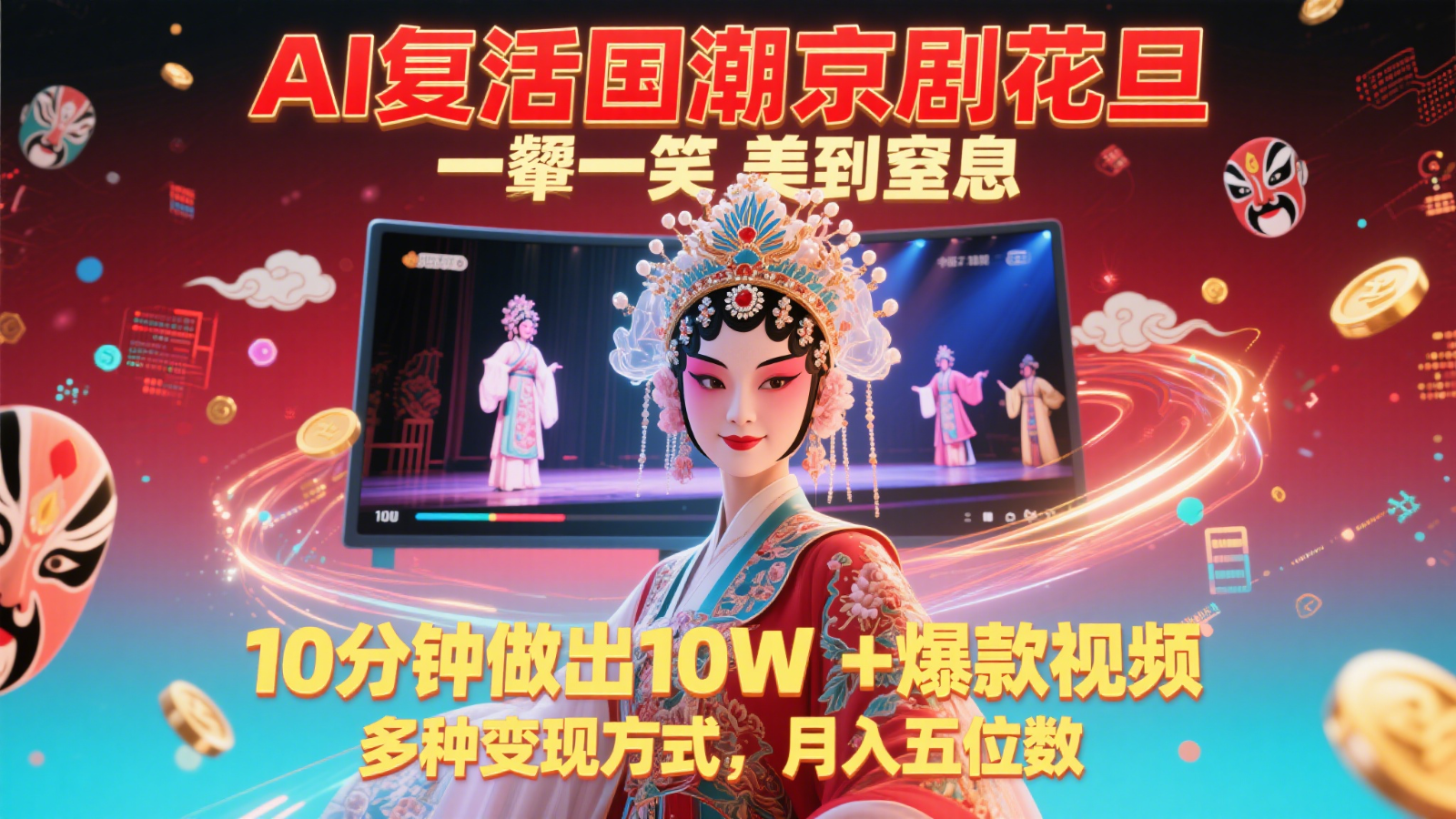 AI复活国潮京剧花旦，一颦一笑美到窒息，10分钟做出10W+爆款视频，多种变现方式网赚项目-美肚杀分享