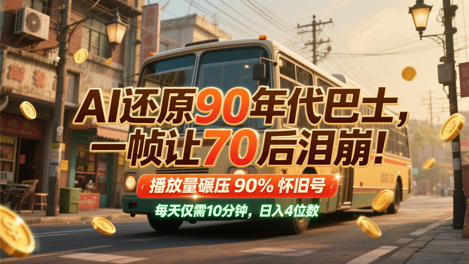 AI还原90年代巴士，一帧让70后泪崩！播放量碾压90%怀旧号，每天10分钟，日入4位数网赚项目-美肚杀分享