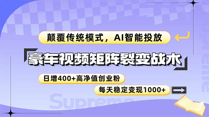 豪车视频矩阵裂变战术,颠覆传统模式,AI智能投放,日增400+高净值创业…网赚项目-美肚杀分享