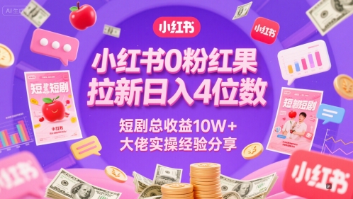 小红书0粉红果短剧拉新日入4位，数短剧总收益10W+大佬实操经验分享网赚项目-美肚杀分享