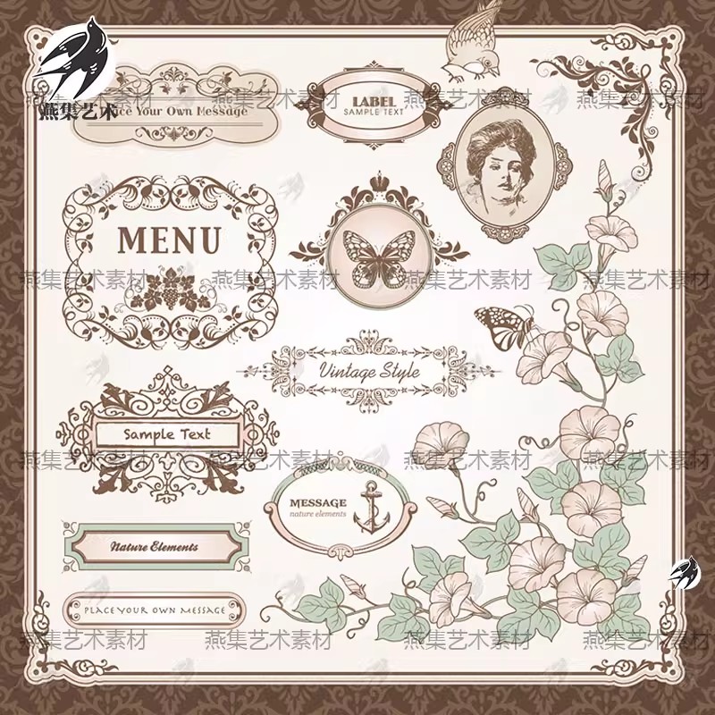 4款，矢量复古典欧式手绘花纹花边角丝框吊牌标签矢量设计电子版素材-美肚杀分享