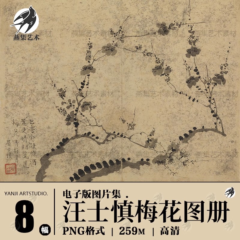 8幅,清汪士慎梅花图册水墨花卉国画芯临摹参考绘画高清电子版图片素材-美肚杀分享