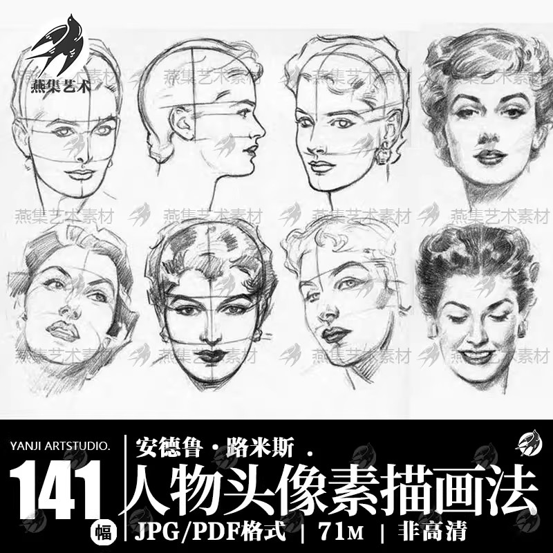 141幅,安德鲁 路米斯Andrew Loomis人物头像素描画法初学基础电子图素材-美肚杀分享