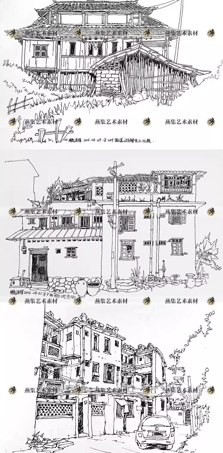 图片[4]-272幅，赖连军建筑风景速写手绘村落写生老房子钢笔参考临摹手稿图片素材-美肚杀分享