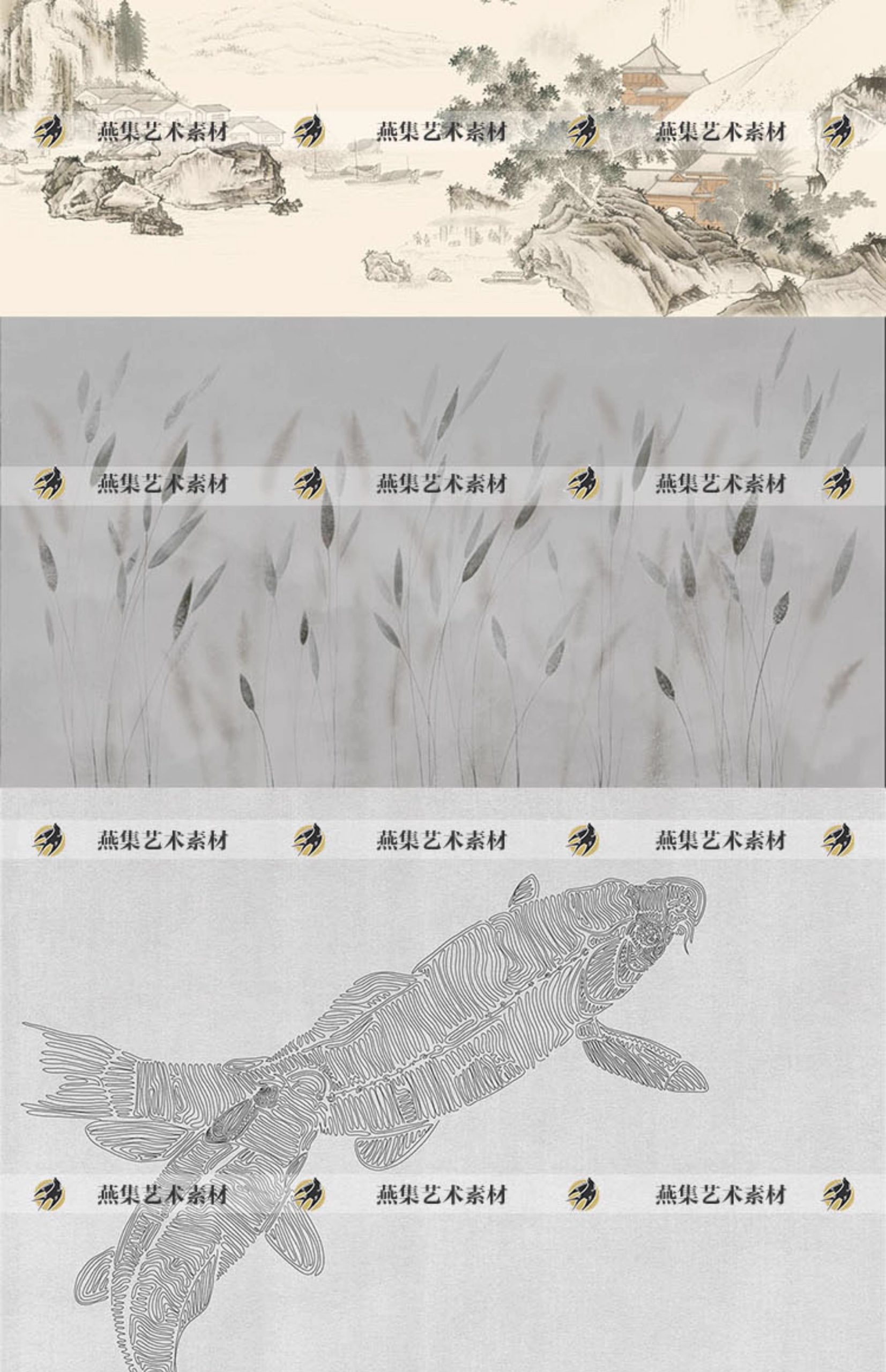 图片[6]-266幅，中式新中式手绘山水建筑竹子抽象古建壁纸壁画装饰画高清贴图素材-美肚杀分享
