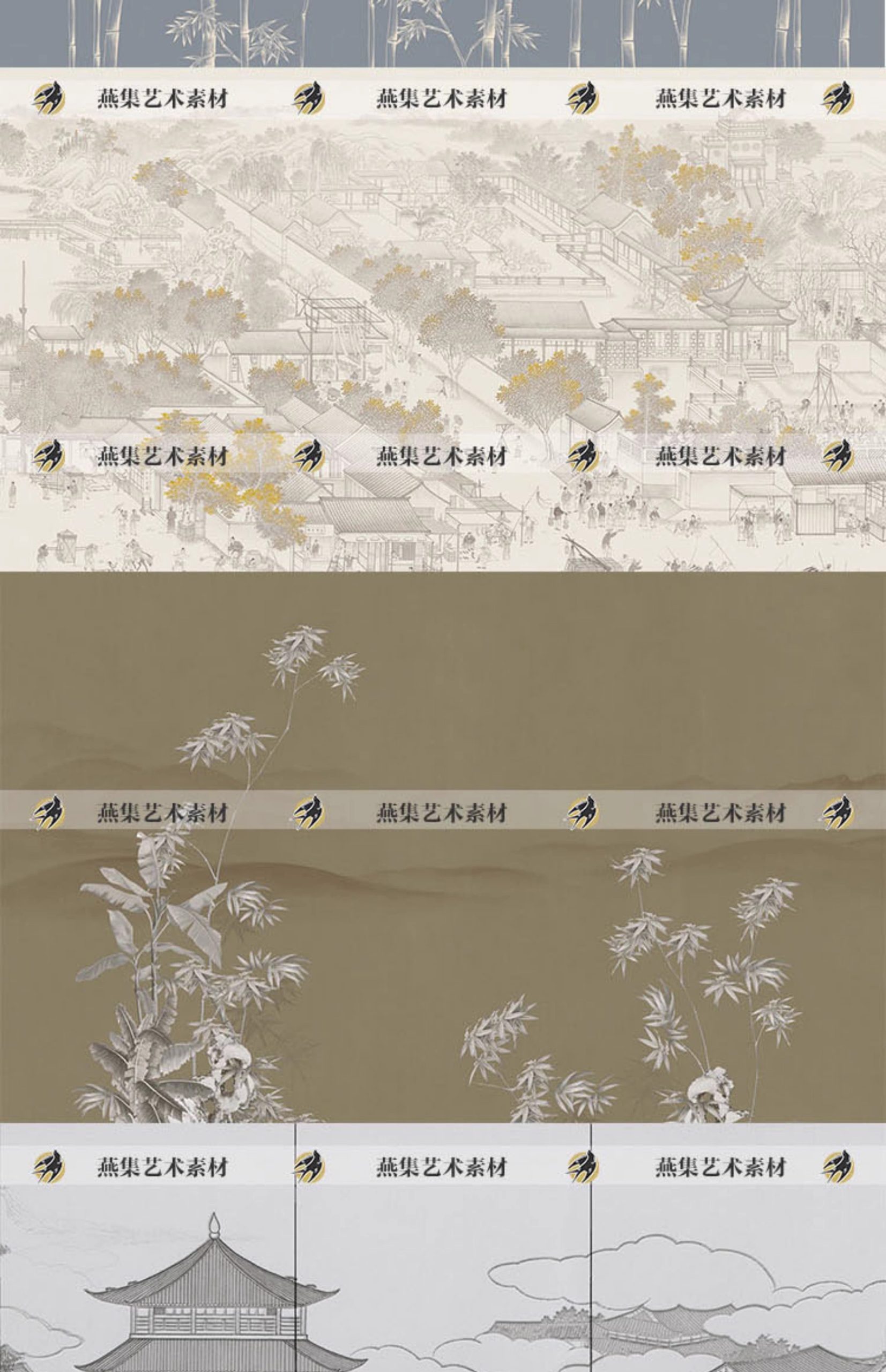 图片[10]-266幅，中式新中式手绘山水建筑竹子抽象古建壁纸壁画装饰画高清贴图素材-美肚杀分享