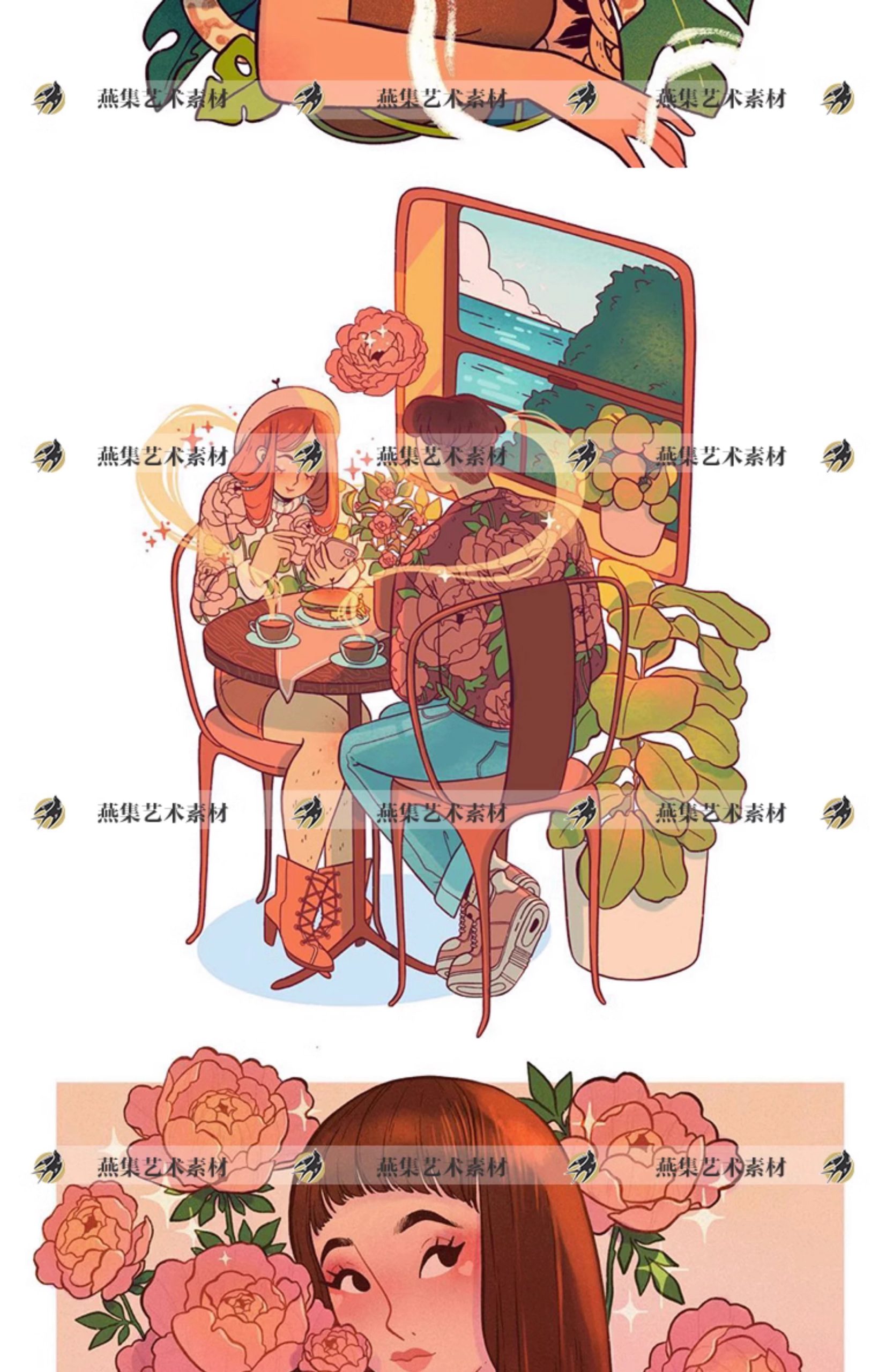 图片[10]-520幅，734卡通复古色调人物插画植物花卉小动物插画作品临摹参考素材图-美肚杀分享