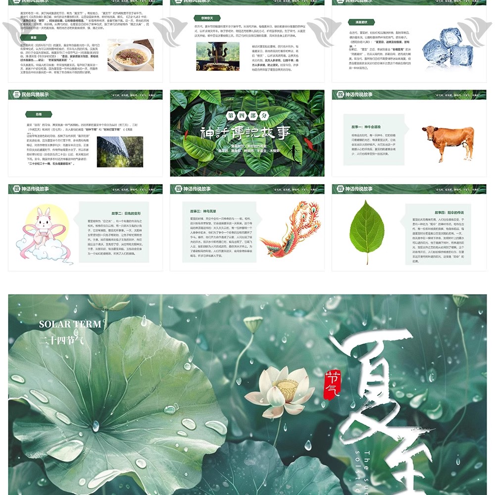 图片[17]-夏天必备！24 节气「夏至荷花」中国风 PPT 模板来袭～绿色小清新配色 + 古风元素，宣传氛围感拉满！-美肚杀分享